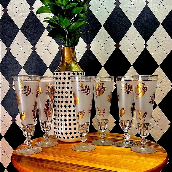Vintage Libbey 22k Gold Foliage Pilsner Glasses (Set of 6) |Barware Mid Century - Picture 6 of 17
